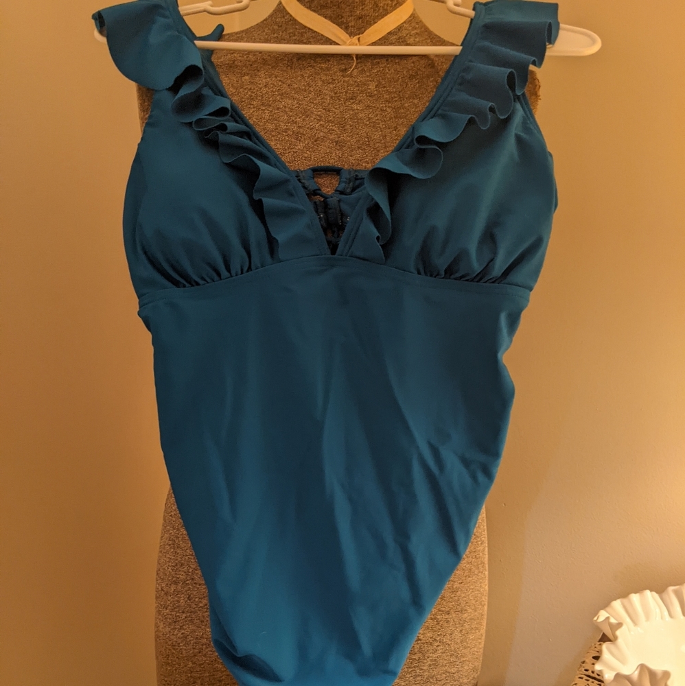 Women’s Ruffle V-Neck One-Piece Swimsuit — Teal Blue